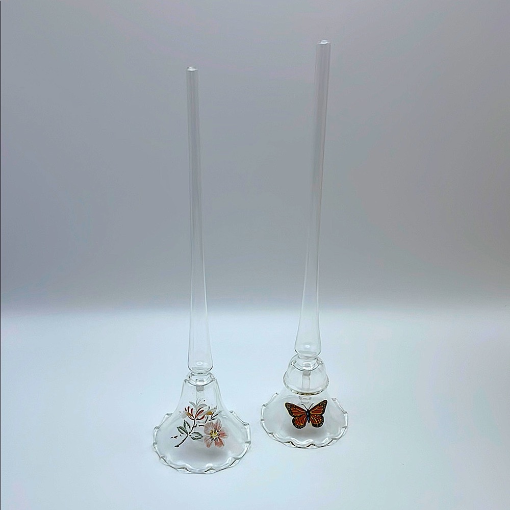 Vintage, Glass, Long Stem Bells, Flowers/Butterfly, Glass Ringers, Ruffled Edges